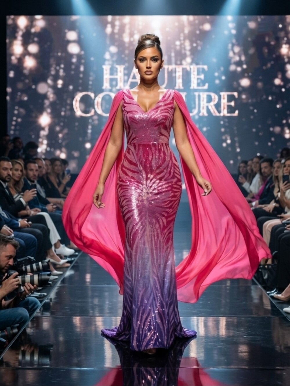 Multicolor Random Print,  Cloak, Sequined, Mesh Mermaid Maxi gown